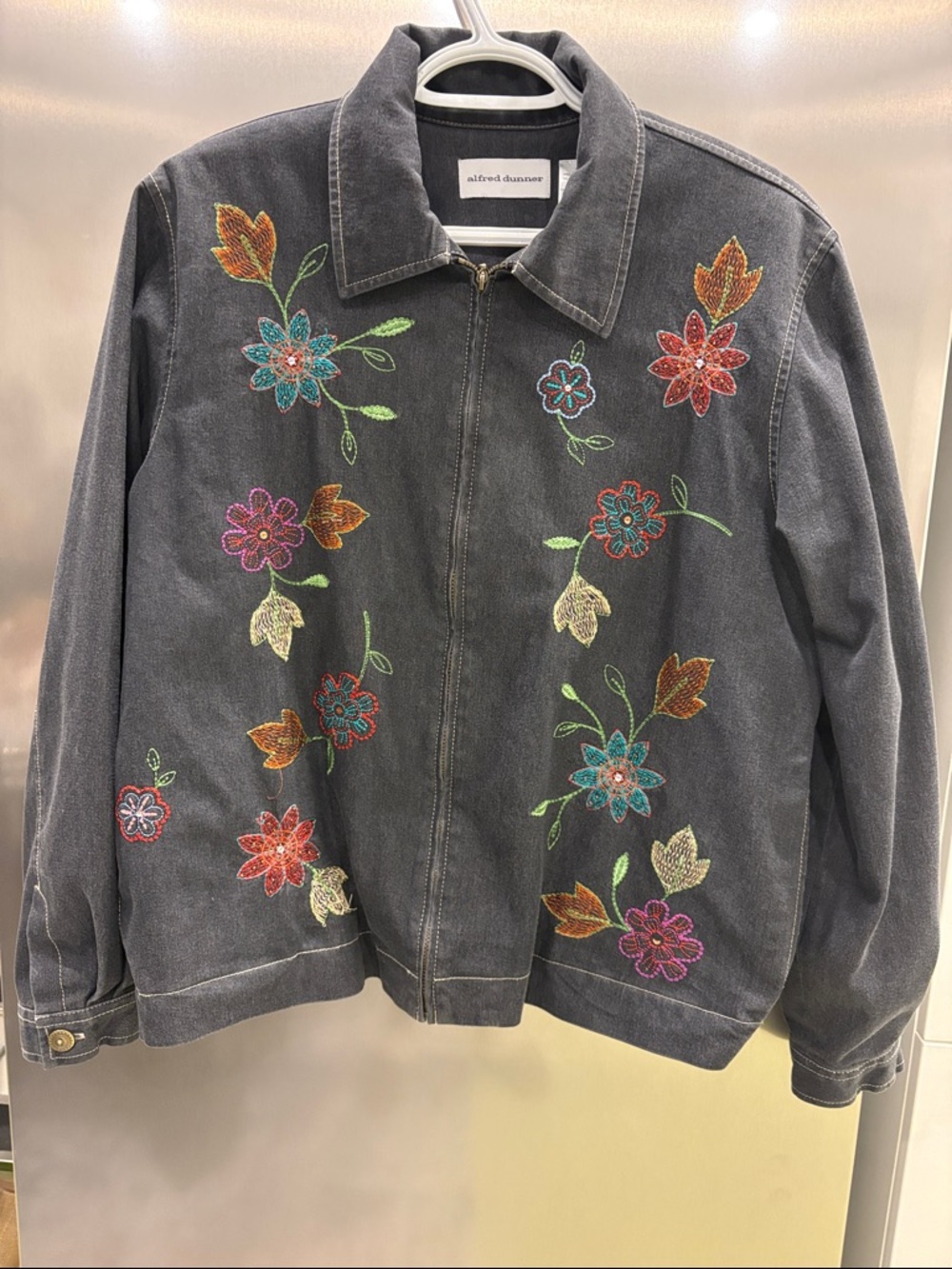 Alfred Dunner Black Grey Red Lining Zip Up Jacket Floral Embroidered Womens 14